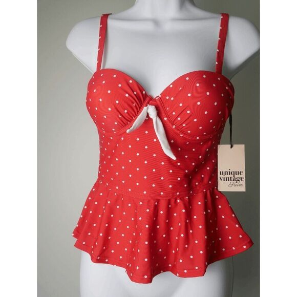 UNIQUE VINTAGE TANKINI TOP RED POLKA DOTS MEDIUM - Picture 3 of 6